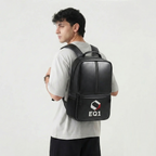 Male model wear a black Eq1 backpack