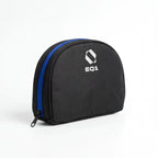 Compact black travel organizer pouch with zipper closure and EQ1 branding