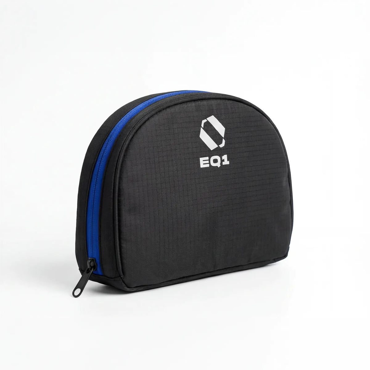 Compact black travel organizer pouch with zipper closure and EQ1 branding
