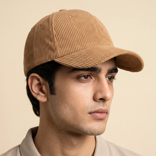 Male model wearing the plain camel corduroy baseball cap with no logo