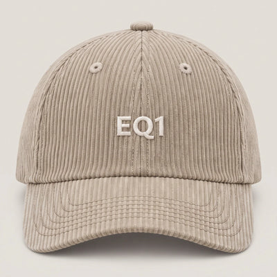 Corduroy baseball cap in beige with white EQ1 embroidery on the front panel