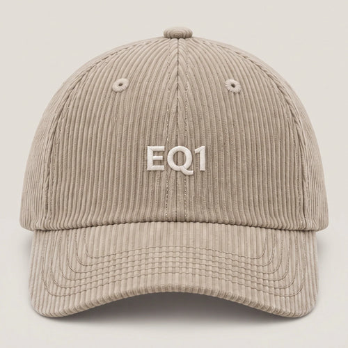 Corduroy baseball cap in beige with white EQ1 embroidery on the front panel