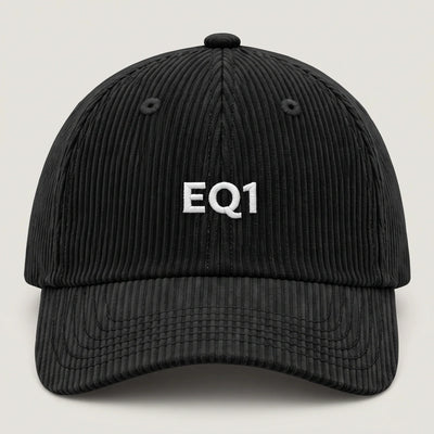Corduroy baseball cap in black with white EQ1 embroidery on the front panel