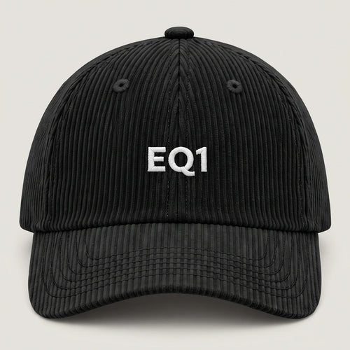Corduroy baseball cap in black with white EQ1 embroidery on the front panel