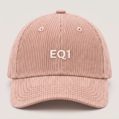 Corduroy baseball cap in blush pink with white EQ1 embroidery on the front panel