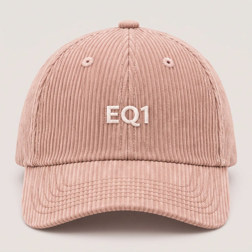 Corduroy baseball cap in blush pink with white EQ1 embroidery on the front panel