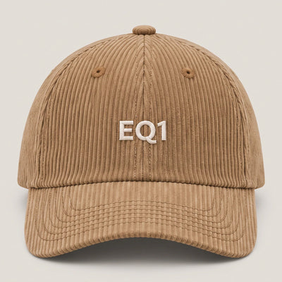 Corduroy baseball cap in camel with white EQ1 embroidery on the front panel