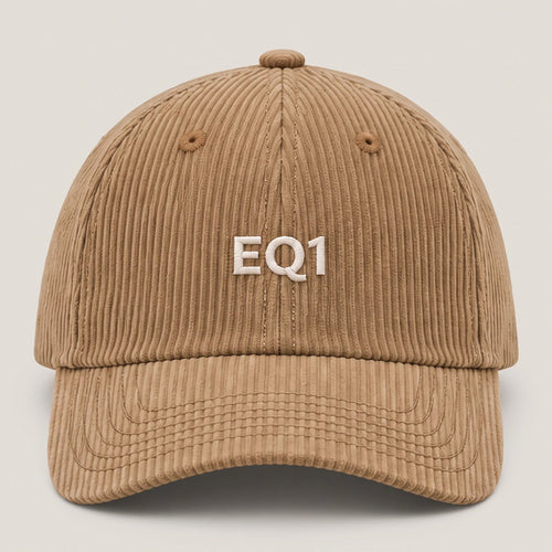 Corduroy baseball cap in camel with white EQ1 embroidery on the front panel