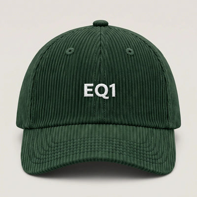 Corduroy baseball cap in forest green with white EQ1 embroidery on the front panel