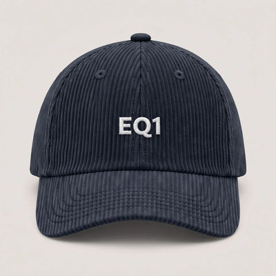 Corduroy baseball cap in navy with white EQ1 embroidery on the front panel