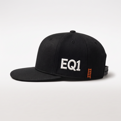 EQ1 Block Snapback in black with white block embroidery