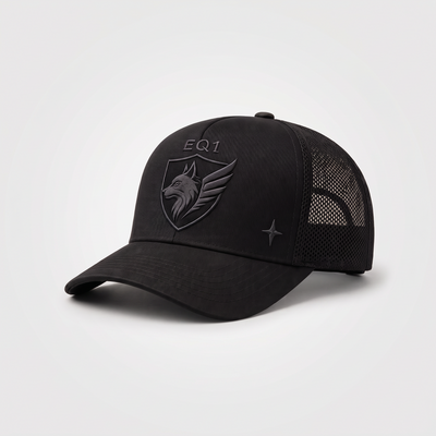 EQ1 Raptor Trucker in all black with tonal crest