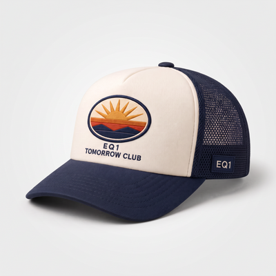 EQ1 Tomorrow Club Trucker in navy and cream with sunrise patch
