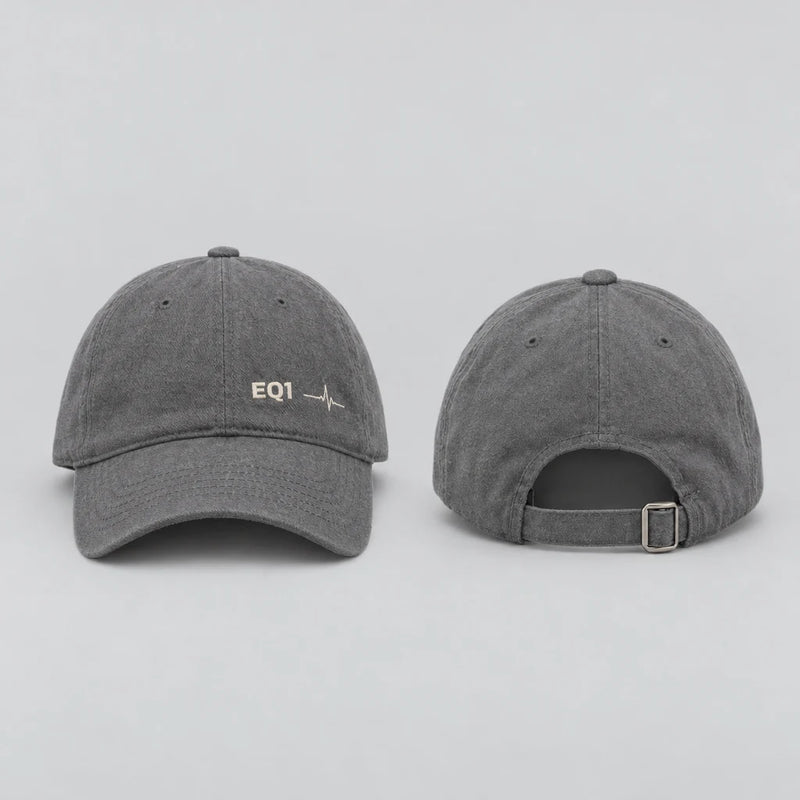 EQ1 Low Signal Soft Dad Cap in smoke grey, front and back
