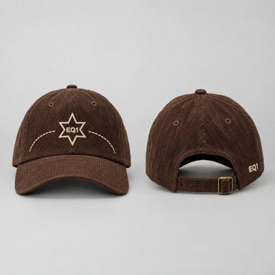 EQ1 Cord Theory Corduroy Monogram Cap in chocolate brown, front and back