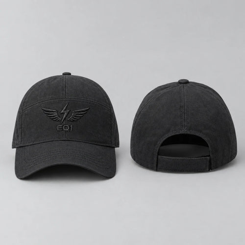 EQ1 After Dark Tonal Biker Cap in charcoal black, front and back