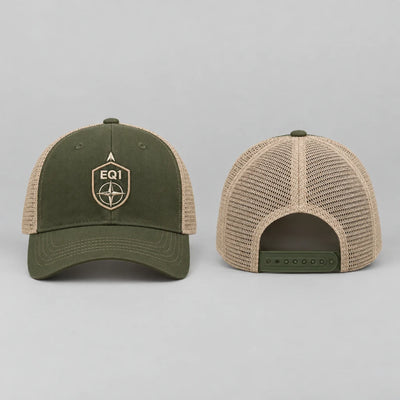 EQ1 Outland Crest Mesh Trucker in olive green and sand, front and back