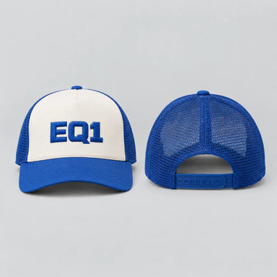 EQ1 Neon Static Foam Front Trucker in ivory and cobalt blue, front and back