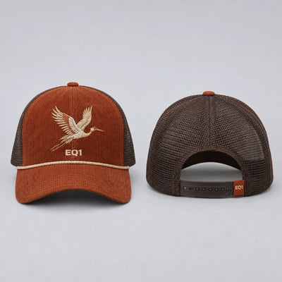 EQ1 Field Society Corduroy Rope Trucker in rust and coffee brown, front and back