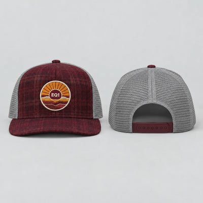 EQ1 Sunset Division Retro Trucker in burgundy and ash grey, front and back