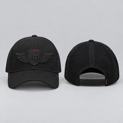 EQ1 Shadow Rider Trucker in black, front and back