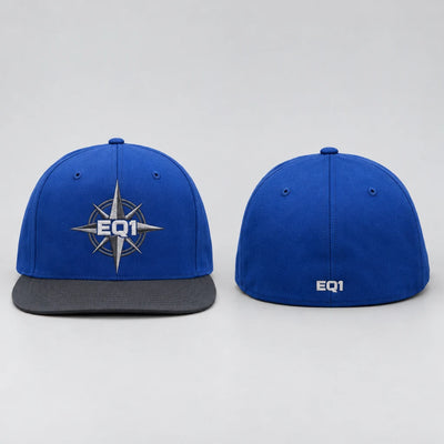 EQ1 Axis Fitted Cap in cobalt blue and graphite, front and back