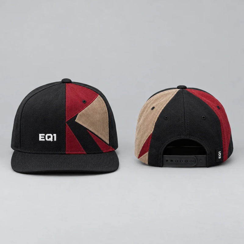 EQ1 Cut Chaos Mixed Panel Snapback in black, crimson and clay, front and back