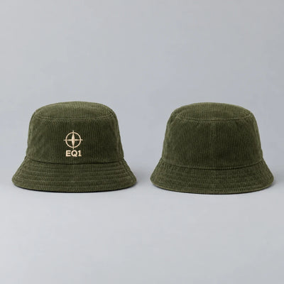 EQ1 Ribbed Reign Corduroy Bucket Hat in moss green, front and back