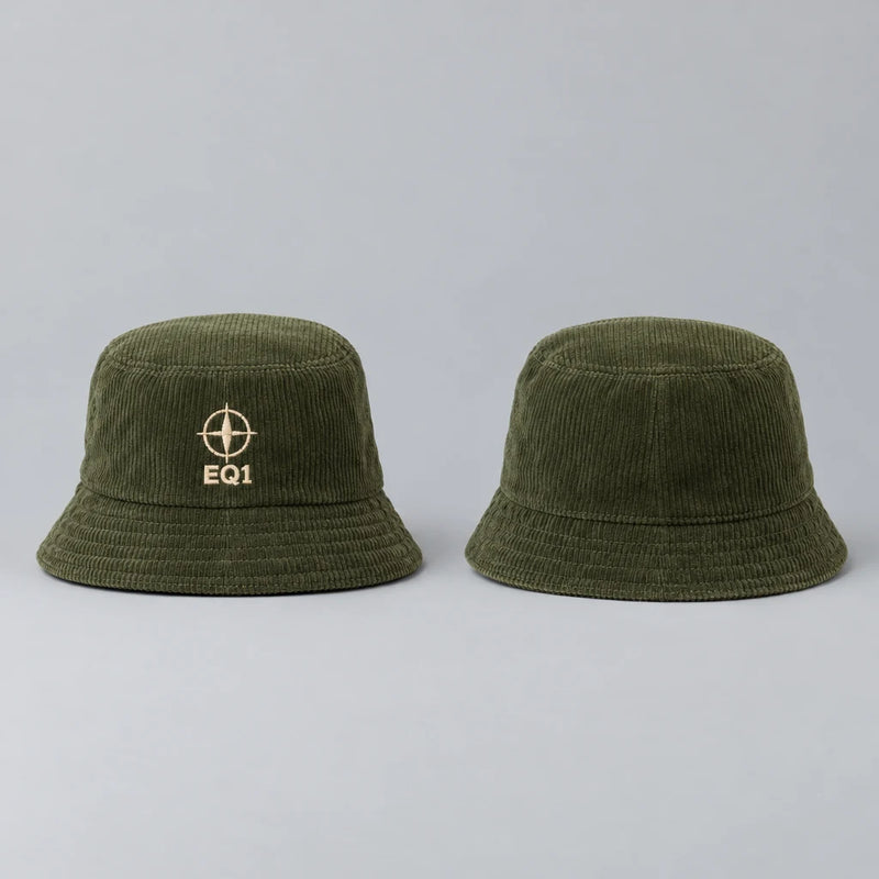 EQ1 Ribbed Reign Corduroy Bucket Hat in moss green, front and back