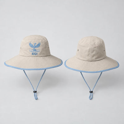 EQ1 Long Horizon Wide Brim Sun Hat in stone and sky blue, front and back