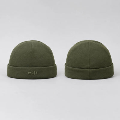 EQ1 Dockline Fisherman Beanie in olive green, front and back