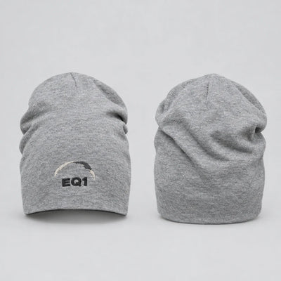 EQ1 Soft Riot Slouch Beanie in heather grey, front and back