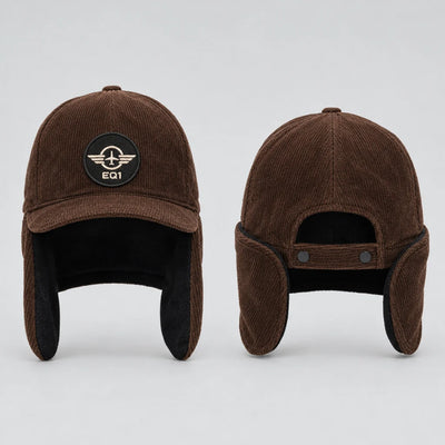 EQ1 Pilot Code Corduroy Ear Flap Cap in espresso brown and black, front and back