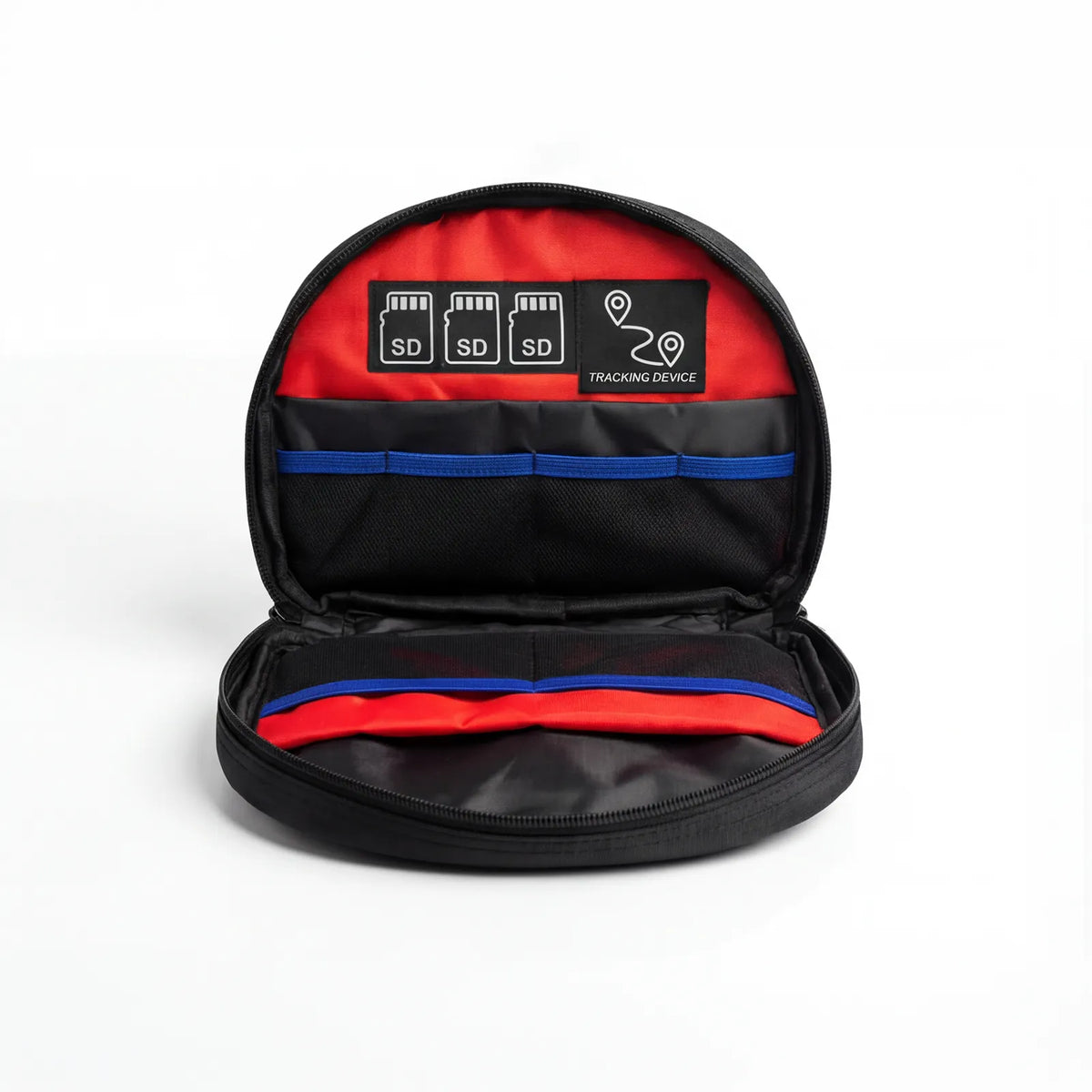 Open black pouch with SD card slots and tracking device storage