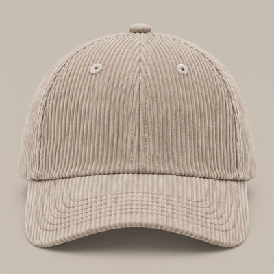 Plain corduroy baseball cap in beige, front view with no logo