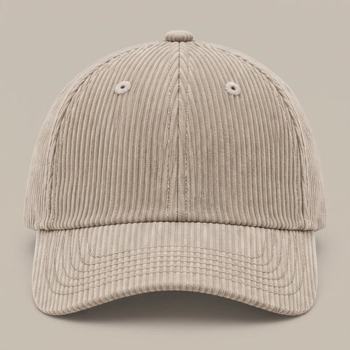 Plain corduroy baseball cap in beige, front view with no logo