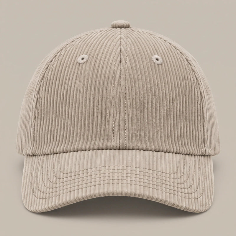 Plain corduroy baseball cap in beige, front view with no logo