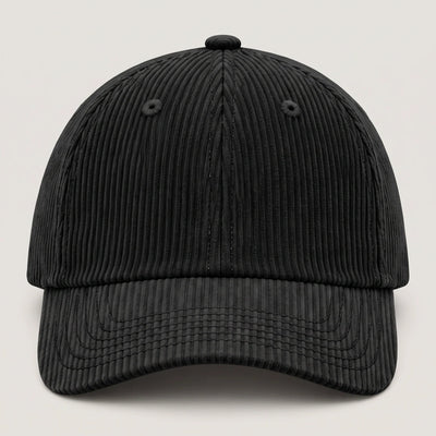 Plain corduroy baseball cap in black, front view with no logo