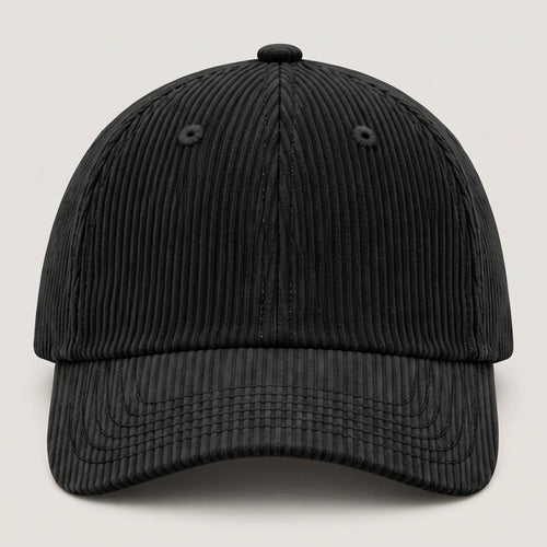 Plain corduroy baseball cap in black, front view with no logo