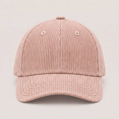 Plain corduroy baseball cap in blush pink, front view with no logo