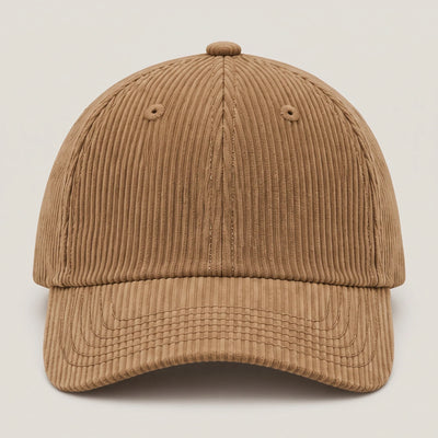 Plain corduroy baseball cap in camel, front view with no logo