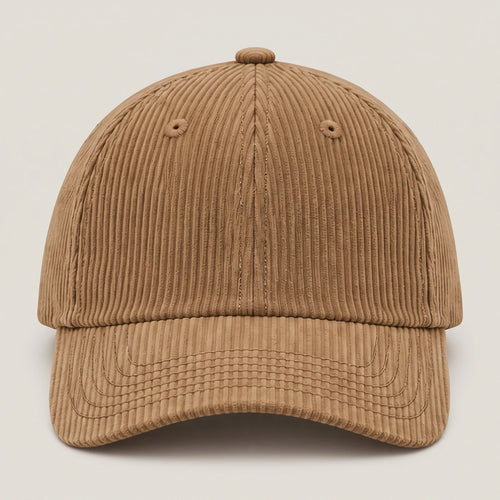 Plain corduroy baseball cap in camel, front view with no logo