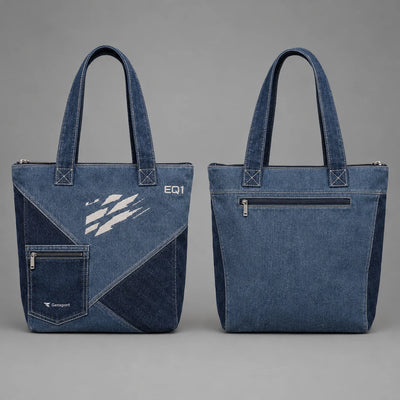 EQ1 Carry Flex Denim Tote in washed indigo blue, front and back