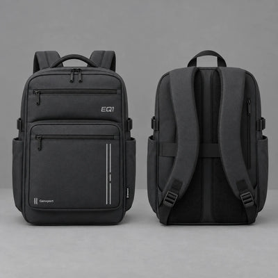 EQ1 Grid Frame Laptop Backpack in asphalt charcoal, front and back