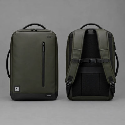 EQ1 Grid Office Rexine Backpack in blackened olive, front and back