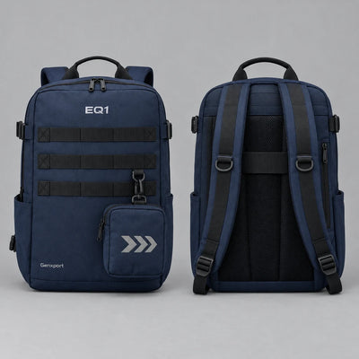EQ1 Modular Rail Backpack in deep navy, front and back
